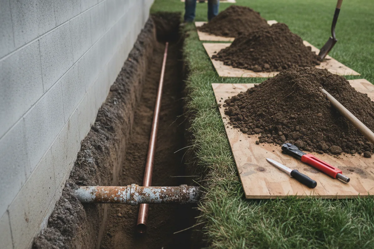 Excavated water line trench during Water Softener Installation in Valencia